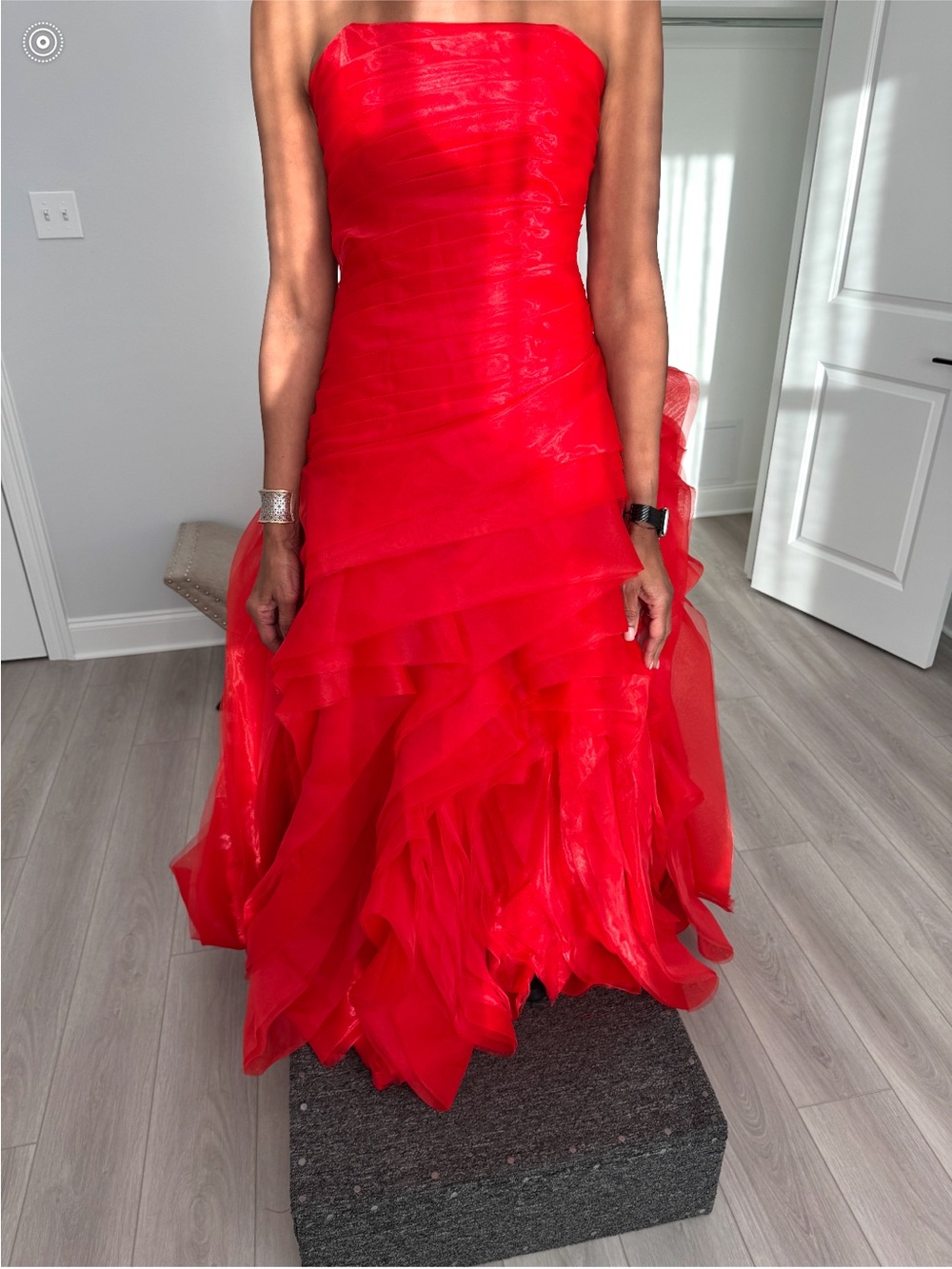 Strapless Red Layered Tulle Evening Gown